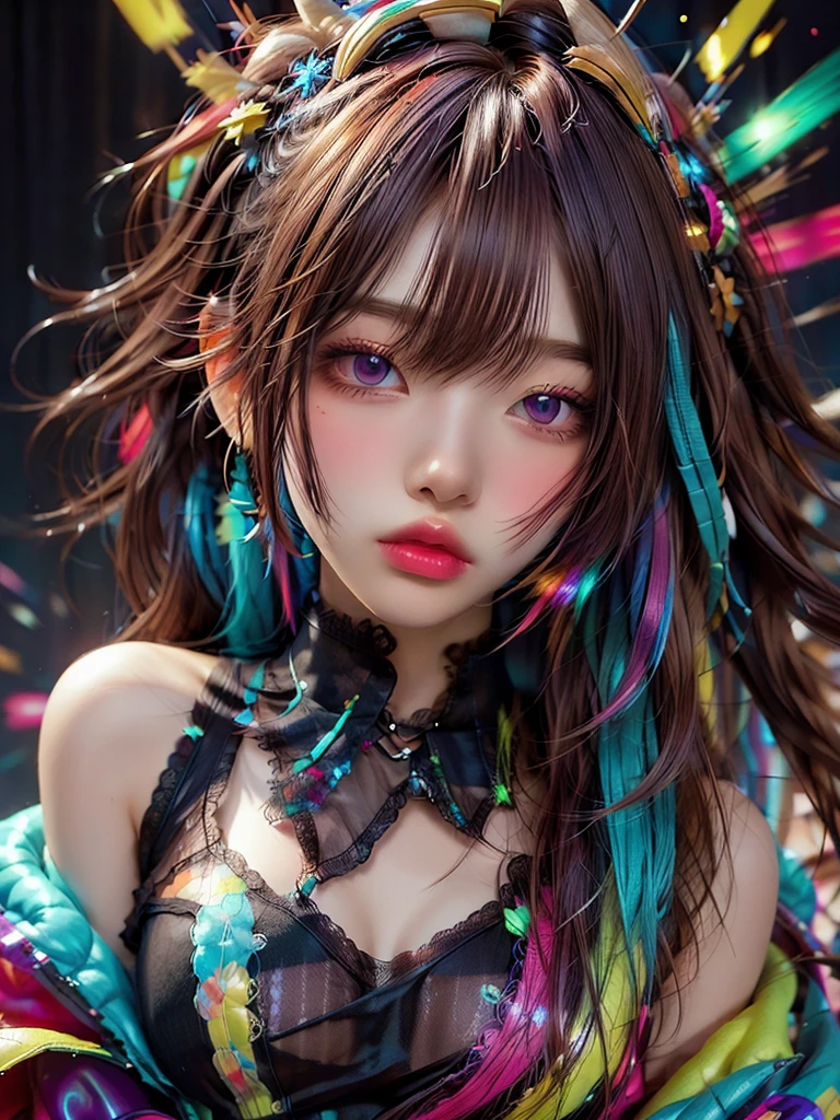  Portraiture,  masterpiece, highest quality, Clothes with strong contrast, psychedelic, [[[LSD]]], particle, bloom, Neon lighting, (Shine), Flat Color, Splashes of color, Mixing colors、