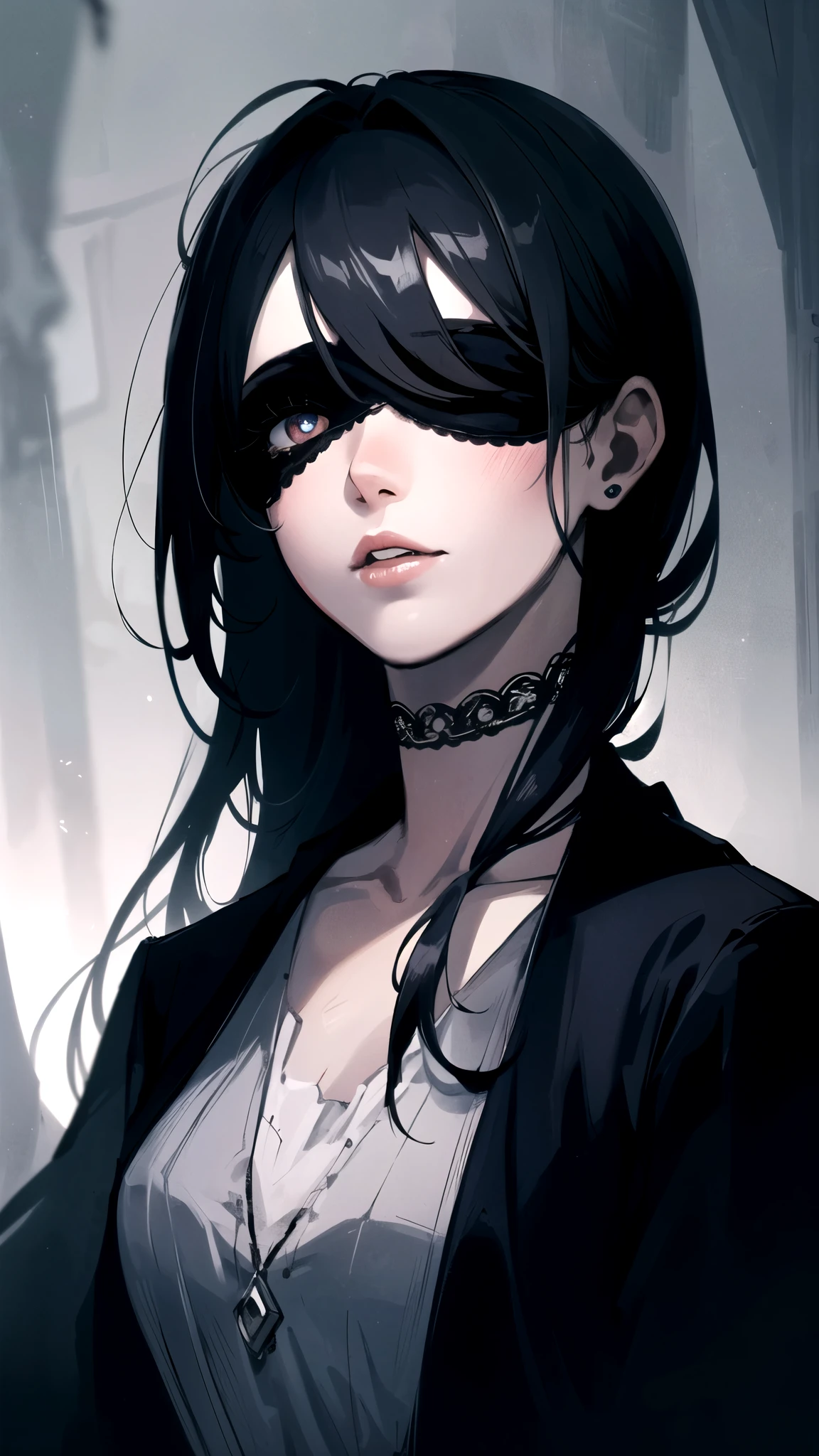 1girl, beautiful detailed eyes, beautiful detailed lips, extremely detailed face and eyes, long eyelashes, intricate blindfold, solo, highres, 8k, photorealistic, cinematic lighting, vibrant colors, dramatic shadows, ethereal, dreamlike, fantasy, mystical