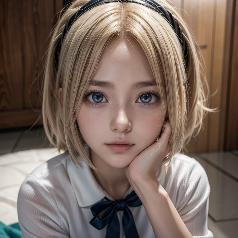 Uma personagem de anime cabelos amarelados e olhos amarronzados