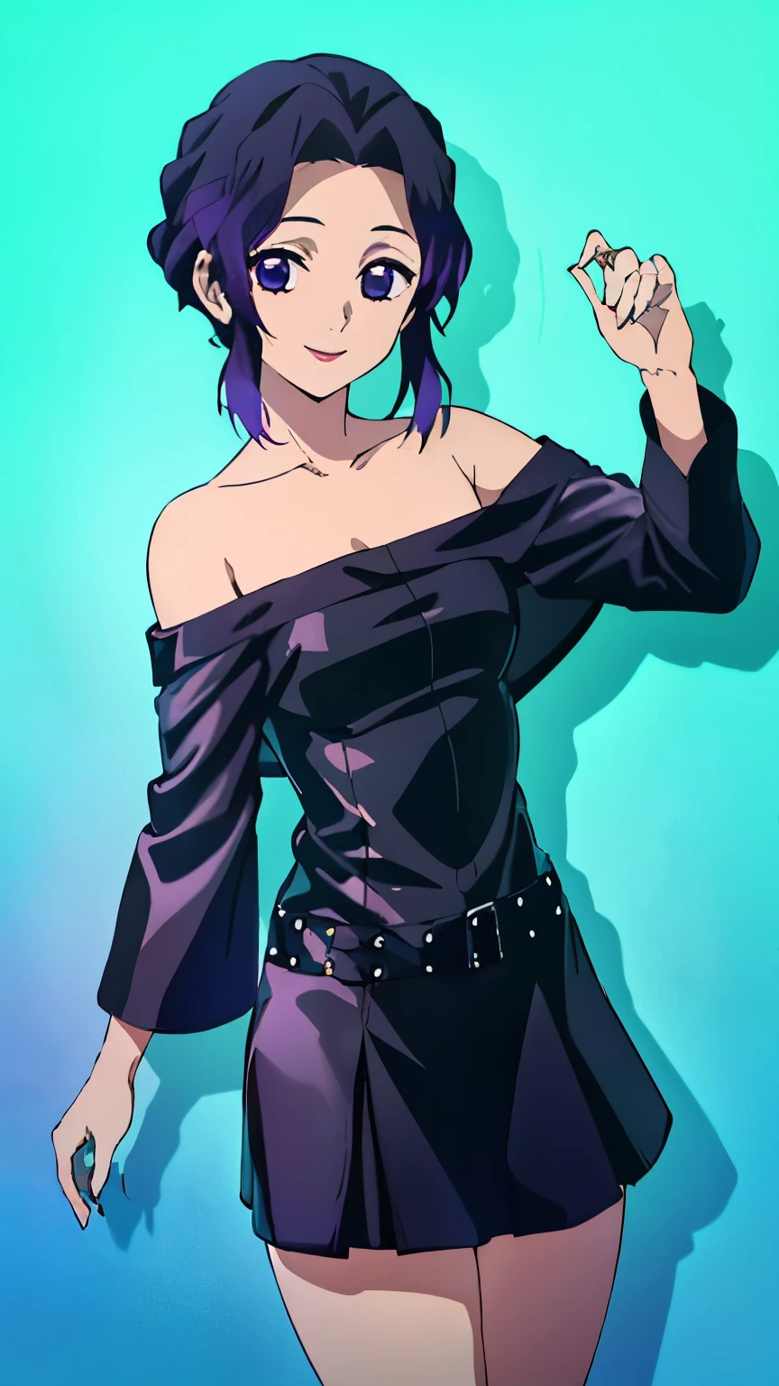 (Top Quality, 8K, High Resolution, Masterpiece: 1.2), Anime, Shinobu Kocho, 1 Girl,solo, Perfect Face, Perfect Eyes, Soft Expression, Medium Breasts, Purple Hair, Short Hair, Pretty Parted bangs, purple eyes, narrow eyes, ((black leather dress, off shoulder, smile, cowboy shot)), viewer appreciation,