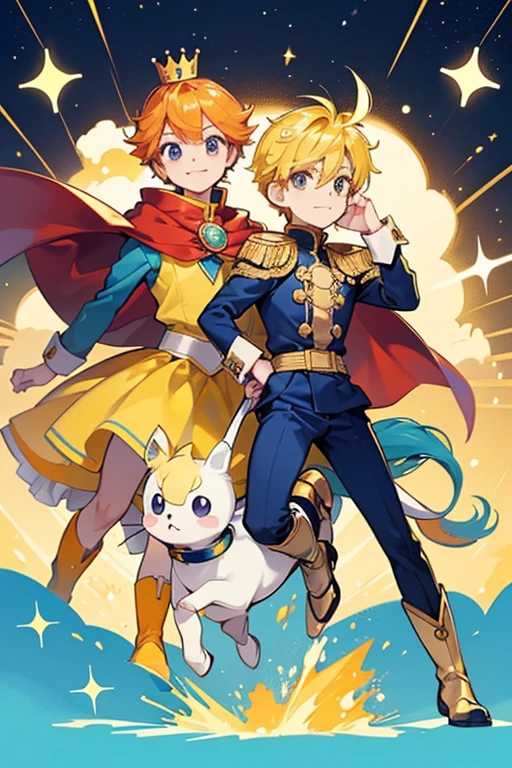 Prince Mametchi is identical to Mametchi, except he wears a gold crown on his head, a light blue suit, orange boots, and a red cape. He rides a small white horse, which has red reins, yellow hair, orange hooves, and a yellow saddle. SPARKLE; GLITTER