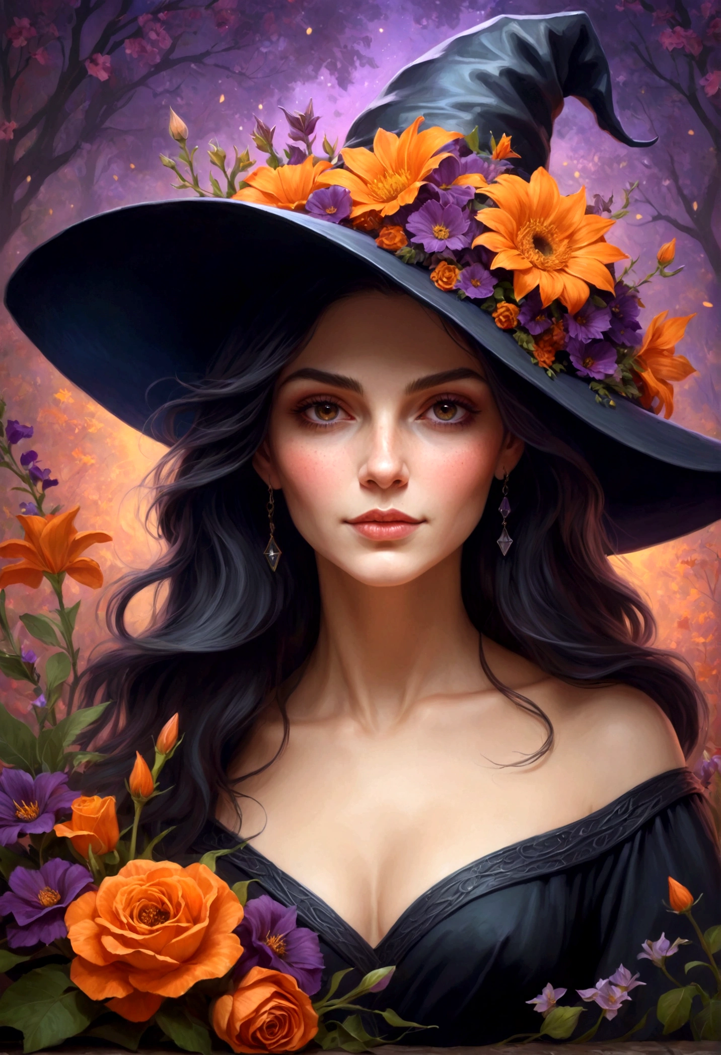 A painting of a witch in a hat with flowers, Detailed 4K illustration,Realista