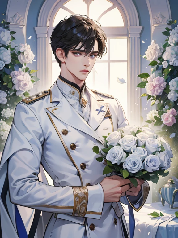 (absurdres, highres, ultra detailed), 1 male, solo, adult, handsome, finely detailed eyes and detailed face, groom, wedding, wearing white officer uniform, white roses, the lovers \tarot\, Symbolism, Visual art, Occult, Universal, Vision casting, Philosophical, Iconography, Numerology, Popularity, Artistic, Alphonse Mucha, short hair, light blue eyes, holding white roses bouquet, bridal, all white clothes, surprised