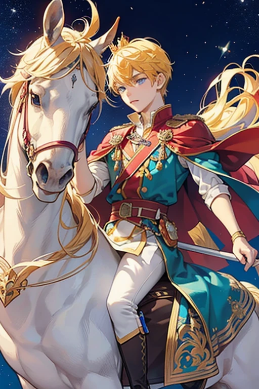 Prince Tamahiko resembles a white prince with yellow hair and sparkly blue eyes. He has a small red crown on top of his head, and wears a blue prince outfit with a red cape. He is often seen riding a white horse with an orange mane and tail, light brown hooves, and a pink saddle and bridle. SPARKLE; GLITTER
