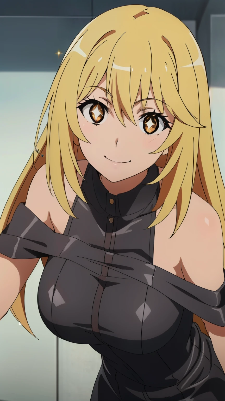 (highest quality, High resolution, 8k, masterpiece: 1.2), Very detailed, (Anime), Misaki Shokuhou, orange eyes, (pupils sparkling:1.2), Beautiful character design, Perfect eyes, Perfect face, Expressive eyes, Perfect balance, smile, blonde, Long Hair, large medium breast, (black leather dress, off shoulder, smile,1.2), looking at the camera,(dynamic angle), The gaze camera focuses on the center of the image,