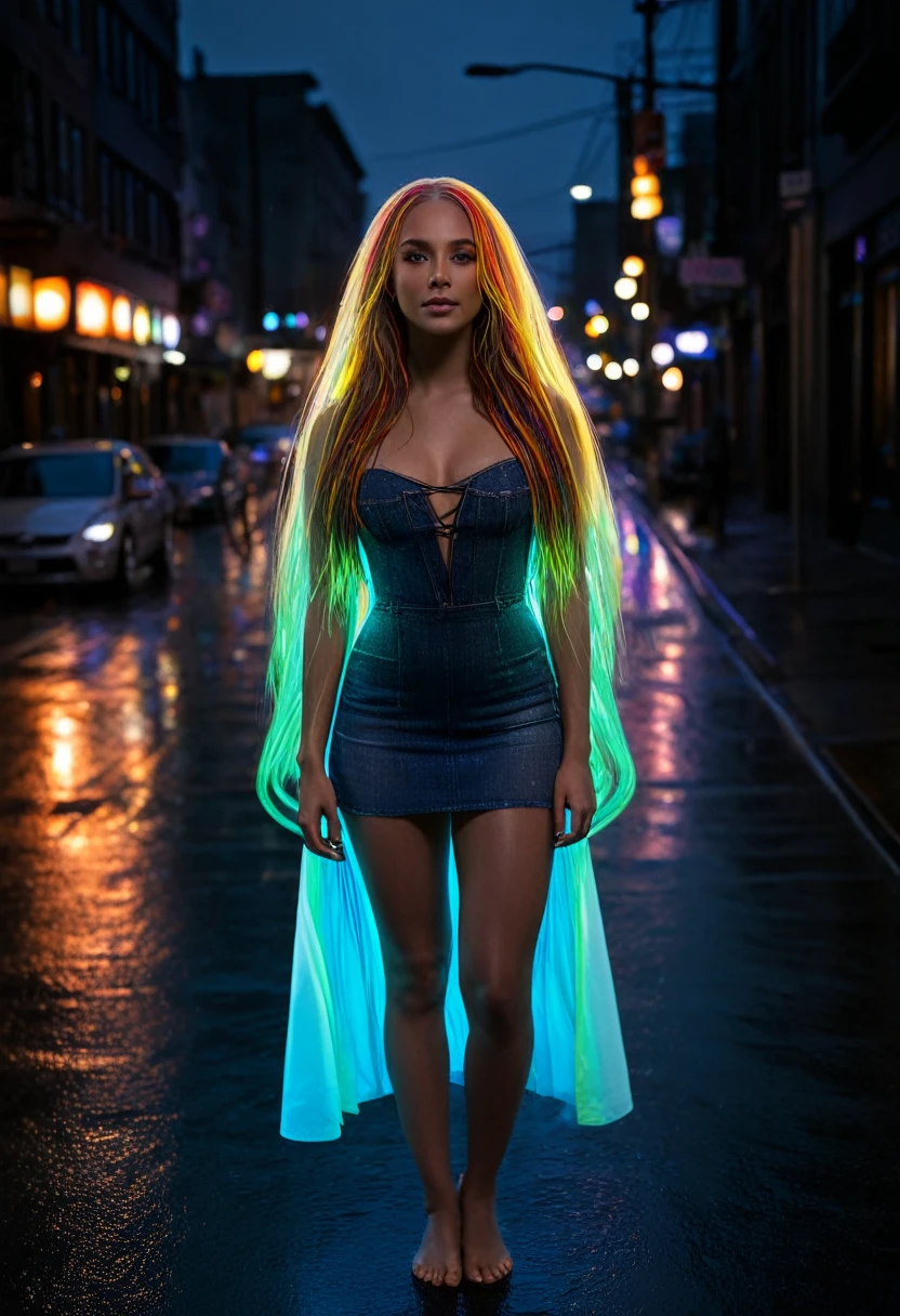 beautiful curvy female, 160lbs, rainy city street at night, spellcasting pose, casting a spell, long hair, (glowing_hair:2.0), rainbow bright hrglw, (full body shot 1.0), perfect anatomy, cinematic photo, realistic, professional photography, (real lighting:1.2), (realistic lighting:1.5), (real ilumination:1.2), (realistic ilumination:1.5), (shadows:1.2),(real shadows), 35mm photograph, film, bokeh, professional, 4k, highly detailed