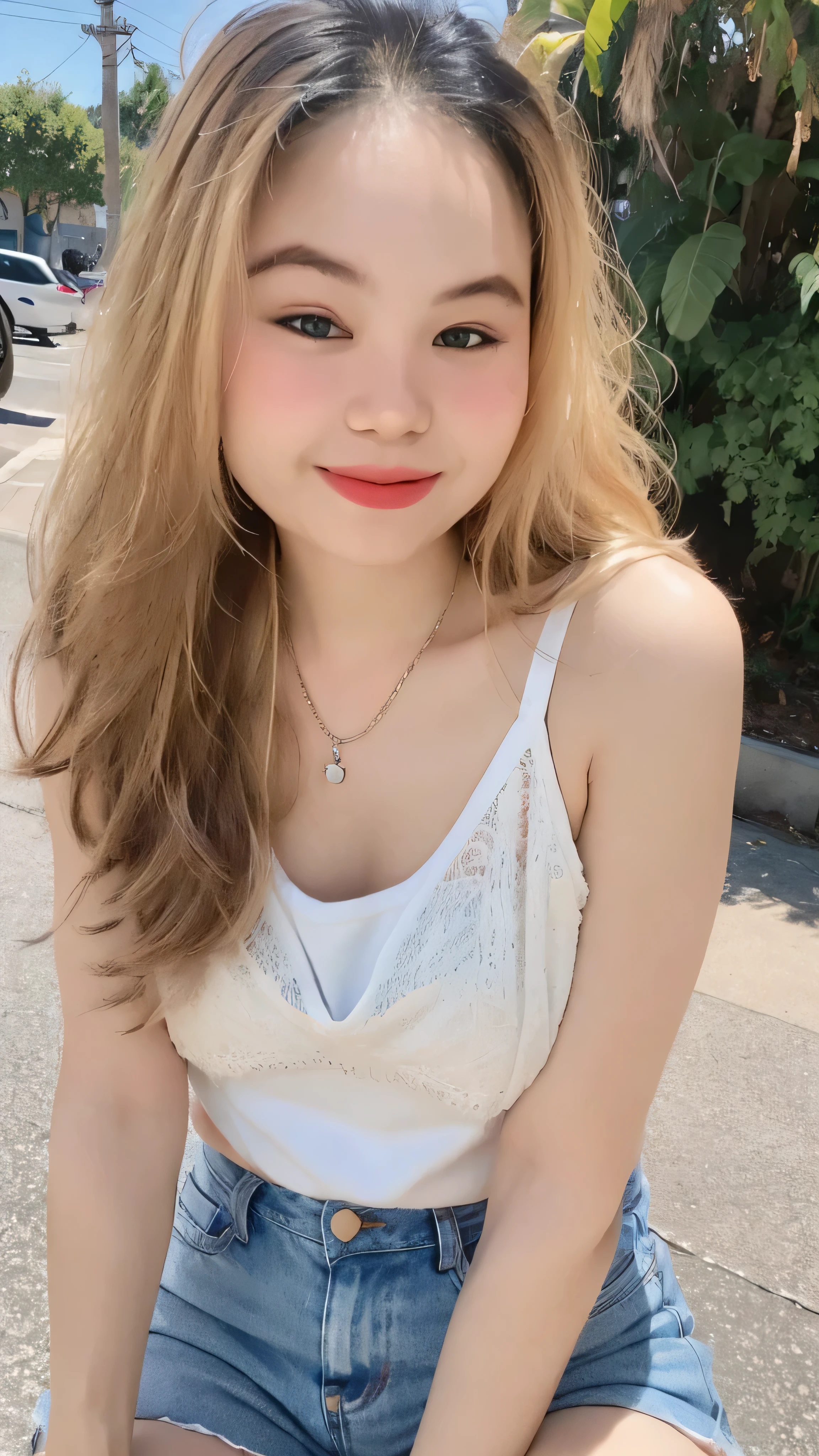 1girl, cute, smaller chest, blonde hair, long hair, wavy hair, bangs, open white jacket, sheer tank top, shorts jeans, sitting, smile, outdoor, full-body portrait, (best quality,4k,8k,highres,masterpiece:1.2),ultra-detailed,(realistic,photorealistic,photo-realistic:1.37)