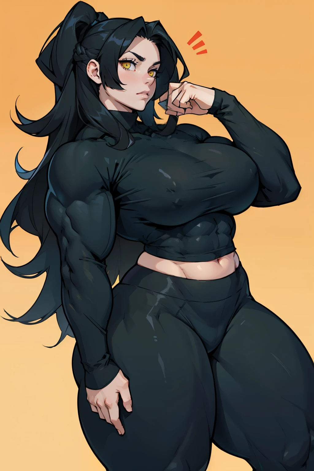 a girl ((muscular)) huge breasts thick thick thick thick very long hair pale skin black hair yellow eyes disappointed leggings tight shirt