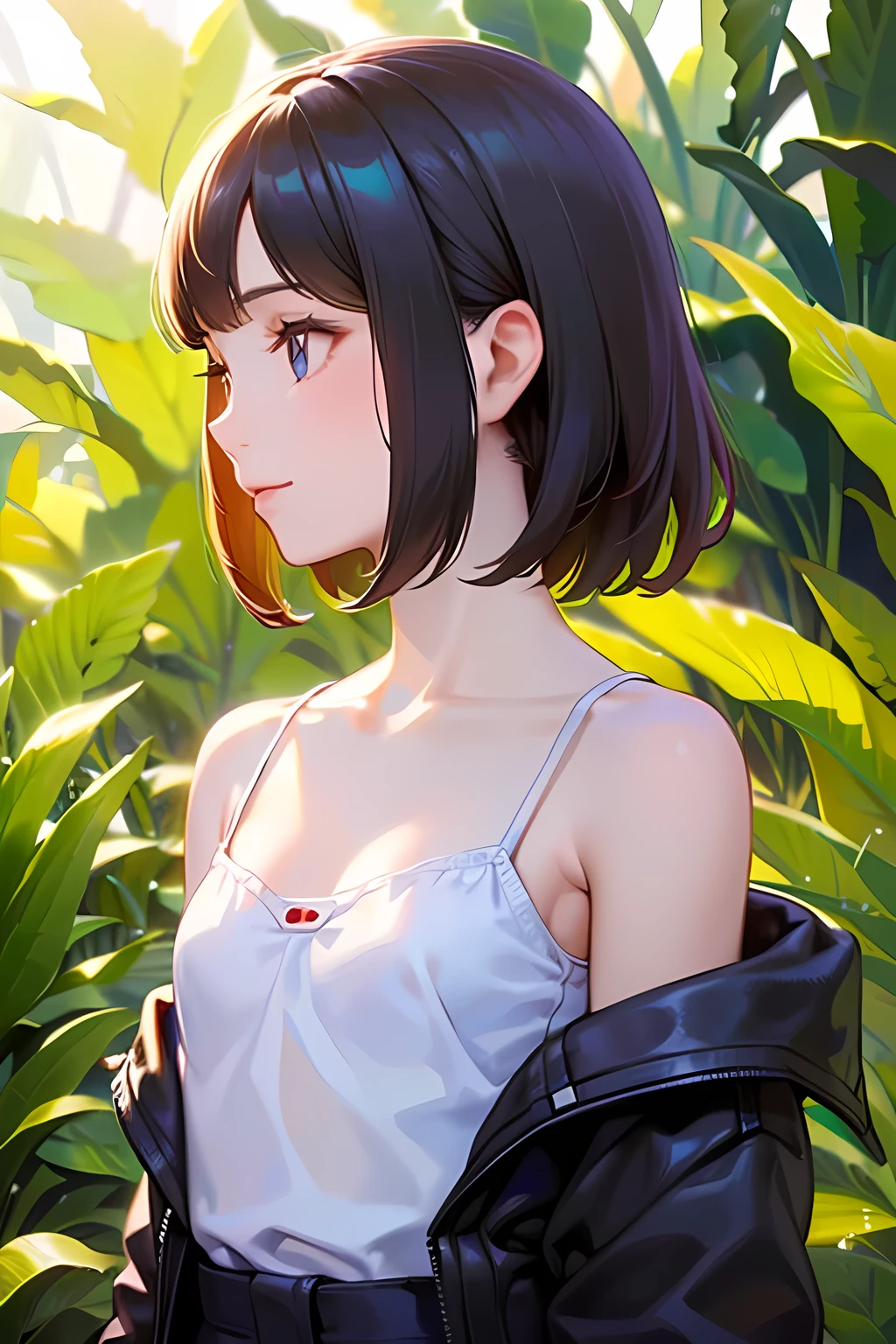 (masterpiece, face focus, profile: 1.3), (8K, Raw Photography, Top Image Quality: 1.4), gravure, splendid and colorful, kawaii petit little 1loli:1.3, (tiny cleavage, flat chest:1.2), Super Detail cute Face, perfect pupil of the Eyes of Detail, anime style big eyes with eyelashes, Double Eyelid, Sharp Focus:1.2, Pretty infant:1.4, Top-Quality, Super A High Resolution, (Photorealistic: 1.4), Highly Detailed and professional lighting full smile, loose and light white camisole, shoulder out, natural facial expression, medium hair, fatal position, gorgeous background
