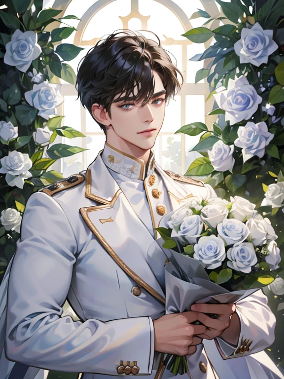 (absurdres, highres, ultra detailed), 1 male, solo, adult, handsome, finely detailed eyes and detailed face, groom, wedding, wearing white officer uniform, white roses, the lovers \tarot\, Symbolism, Visual art, Occult, Universal, Vision casting, Philosophical, Iconography, Numerology, Popularity, Artistic, Alphonse Mucha, short hair, light blue eyes, holding white roses bouquet, bridal outfit, all white clothes, smile, in a greenhouse, roses