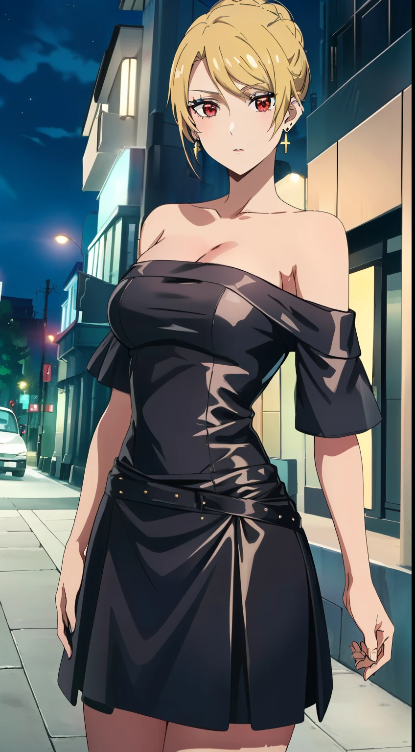 masterpiece, highest quality, anime, Angelica V4, 1 girl, alone, Braid, red eyes,(black leather dress, off shoulder,Makeup,earrings,night,bustling street,),stylish pose,looking at the viewer,in the center of the image, (beautiful_large medium breasts:1.2), (beautiful_face:1.3),(slim_waist:1.1),