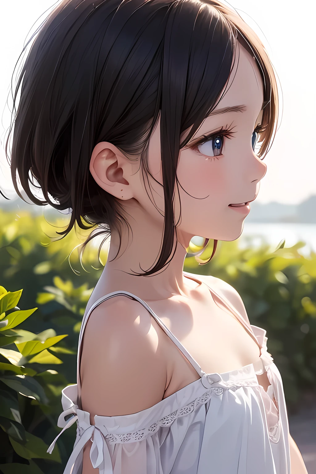 (masterpiece, face focus, profile: 1.3), (8K, Raw Photography, Top Image Quality: 1.4), gravure, splendid and colorful,  kawaii petit little 1loli:1.3, (tiny cleavage, flat chest:1.2), Super Detail cute Face, perfect pupil of the Eyes of Detail, anime style big eyes with eyelashes, Double Eyelid, Sharp Focus:1.2, Pretty infant:1.4, Top-Quality, Super A High Resolution, (Photorealistic: 1.4), Highly Detailed and professional lighting full smile, loose and light white camisole, shoulder out, natural facial expression, medium hair, fatal position, gorgeous background
