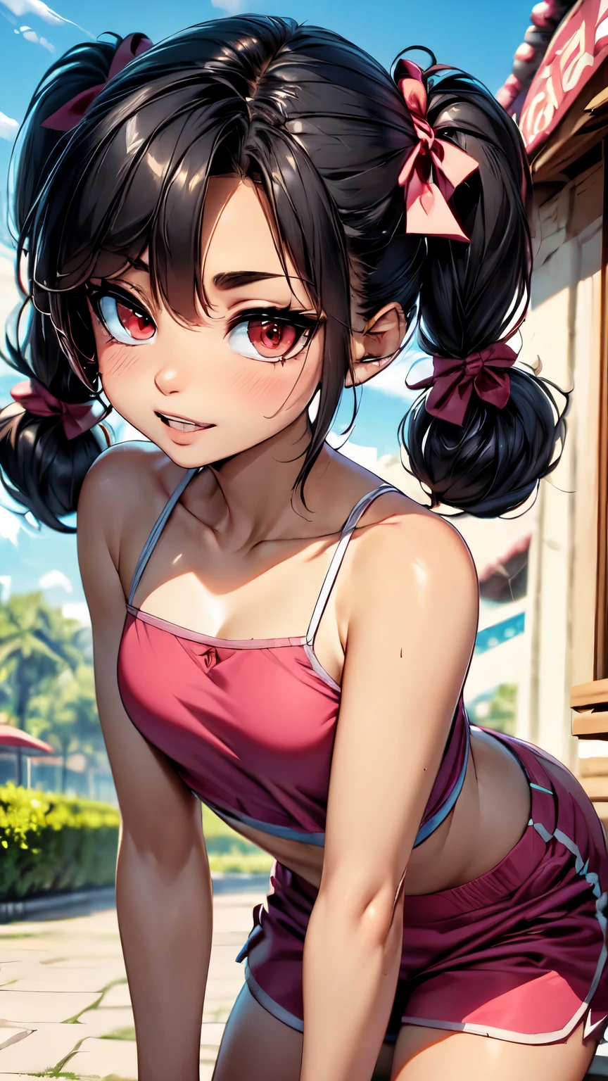 White tube top, pink short pants, black hair in twin tails, red ribbon, narrow eyes, red pupils, resort area, outdoors, blue sky