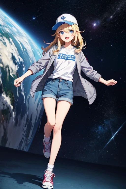 Anime drawings、Full body portrait、Space SF Captain、Hall々A woman around 32 years old, about 165cm tall, wearing a grey jacket, white T-shirt and shorts was walking.、Laughing with mouth open、Hairstyle is long straight、Blonde、Blue Eyes、Socks and sneakers、Wearing a cap on his head