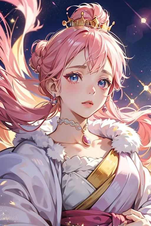 Princess Tamako has white skin, pink cheeks, and pink hair in a bun. Her eyes are oval-shaped with sparkles, and in the anime she has blue irises. She wears a yellow crown, and a red dress with white trim on the bottom. SPARKLE; GLITTER