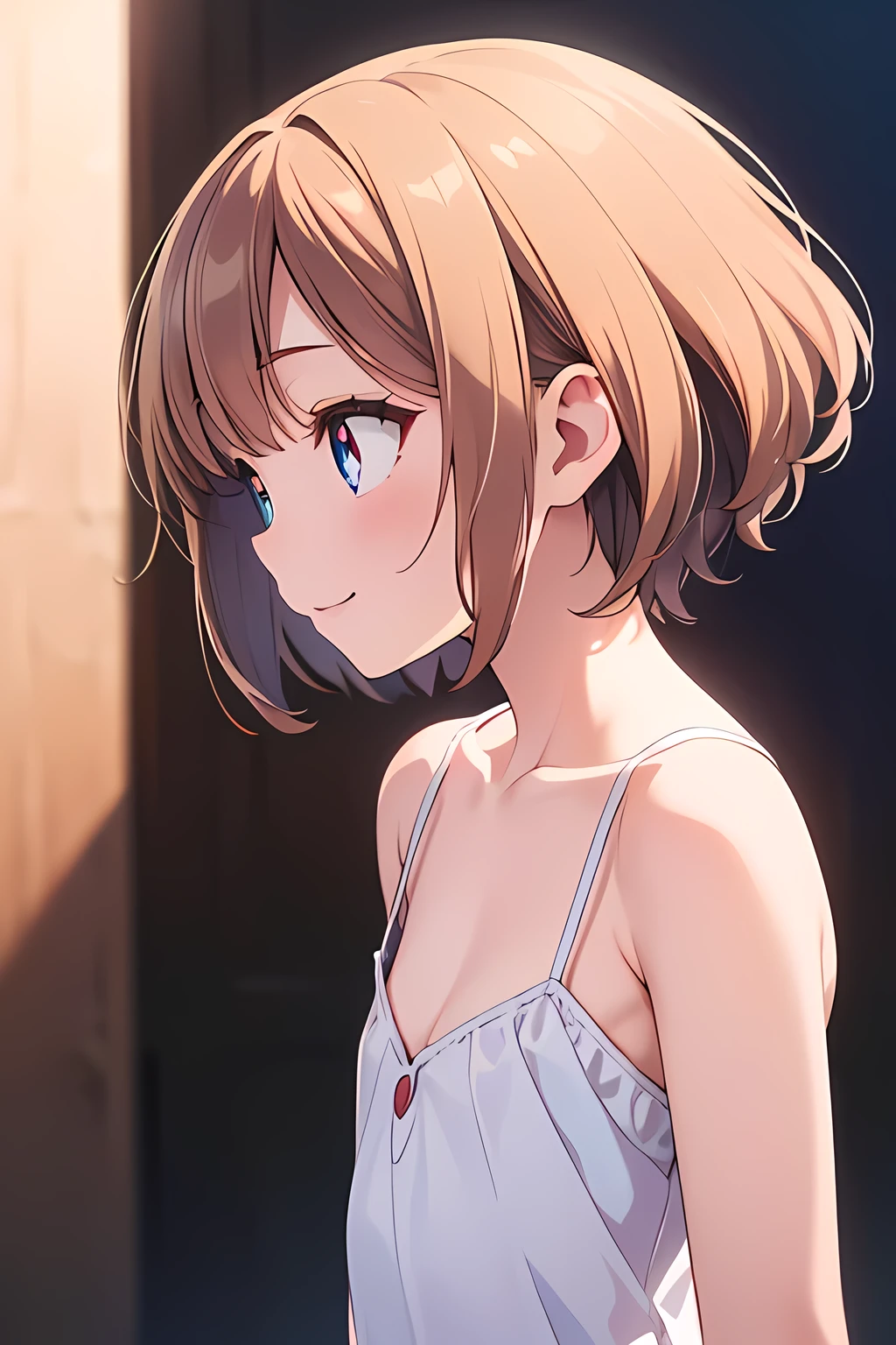 (masterpiece, face focus, profile: 1.3), (8K, Raw Photography, Top Image Quality: 1.4), gravure, splendid and colorful, 8yo kawaii petit little 1loli:1.3, (tiny cleavage, flat chest:1.2), Super Detail cute Face, perfect pupil of the Eyes of Detail, anime style big eyes with eyelashes, Double Eyelid, Sharp Focus:1.2, Pretty infant:1.4, Top-Quality, Super A High Resolution, (Photorealistic: 1.4), Highly Detailed and professional lighting full smile, loose and light white camisole, shoulder out, natural facial expression, medium hair, fatal position, gorgeous background