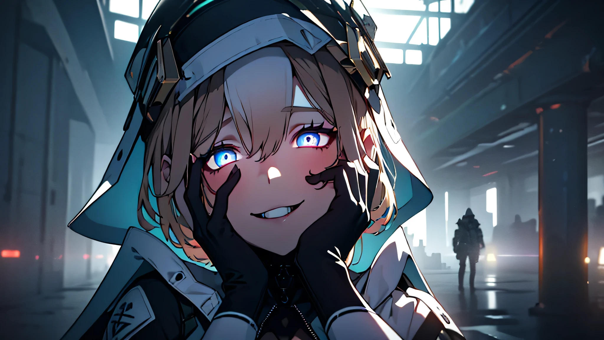 ((Best quality)), ((masterpiece)), (detailed:1.4), 3D, an image of a beautiful cyberpunk female, Yandere , Yandere Face , Trance , Trance Eyes , yameroyandere , constricted pupils , yandere ,
empty eyes . shaded face , crazy eyes , glowing blue eyes , crazy smile ,  long bread blond hair, smile, black and white Nun hat, Big chest, Big thigh, High thigh black knee sock, full view of girl, battlefield background, black combat boot, red necktie, black glove, black combat suit, black jacket, black cloak, black panty, ammo belt, HDR (High Dynamic Range),Ray Tracing,NVIDIA RTX,Super-Resolution,Unreal 5,Subsurface scattering,PBR Texturing,Post-processing,Anisotropic Filtering,Depth-of-field,Maximum clarity and sharpness,Multi-layered textures,Albedo and Specular maps,Surface shading,Accurate simulation of light-material interaction,Perfect proportions,Octane Render,Two-tone lighting,Wide aperture,Low ISO,White balance,Rule of thirds,8K RAW,