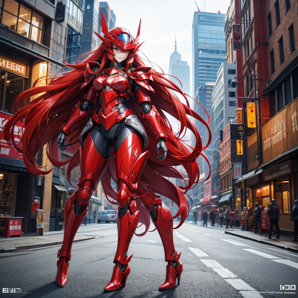 Large red long-haired female robot，helmet，Full body red armor，mechanical joint，Chest，fit，，high heels，front，City