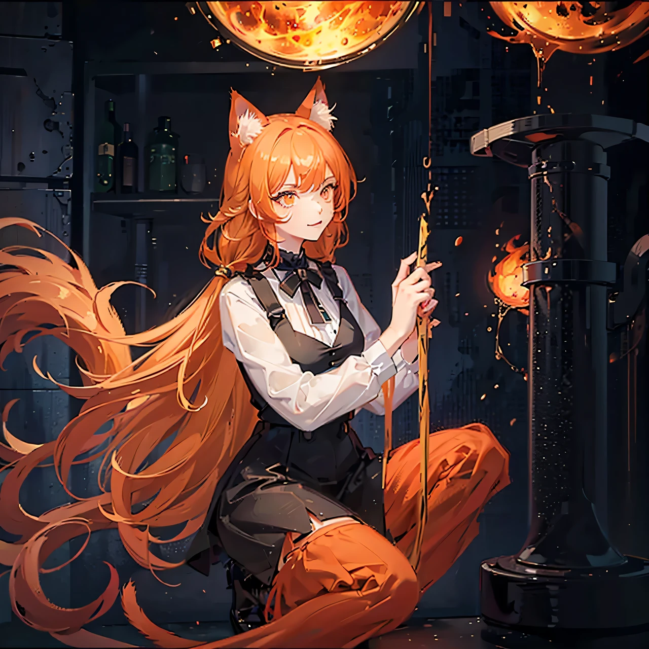 female, cat ears, two cat tails, neko, angry, orange eyes, orange hair, fire on background