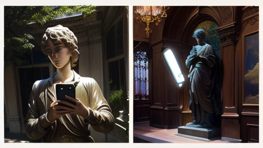 there are two pictures of a statue of a man with a phone, inspired by Gustave Boulanger, epic diptych, diptych, inspired by David LaChapelle, aesthetic shot, baroque vaporwave statue, outside, by Anson Maddocks, heads, inspired by Cerith Wyn Evans, by Nathalie Rattner, photo taken with an iphone