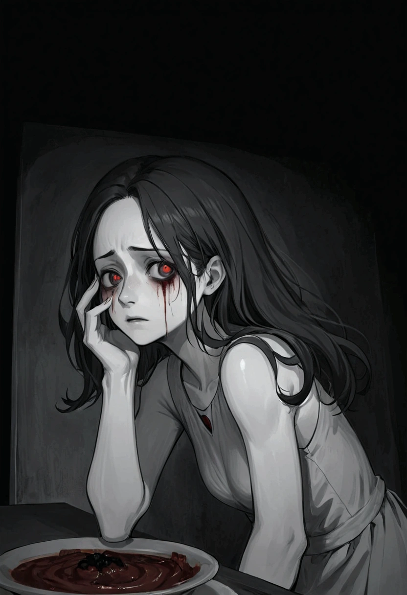 someone is drawing a woman with her hand on her face, Cena de pesadelo, scp 173, scp-173, Jeff O matador, cena triste, Repugnantepasta, Yume Nikki, Repugnante!!, indutor de pesadelo, scp-106, imagem assustadora, [ jogo de terror ], scp 3008, muito triste