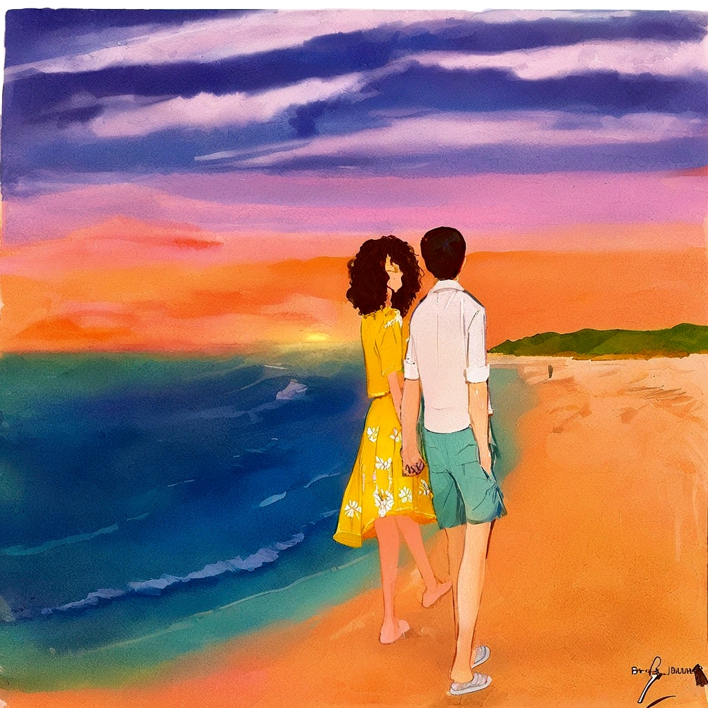 painting of a couple standing em uma praia looking out at the ocean, Romantic Painting, por Jeka Kemp, por Elaine Hamilton, you were wrong, on the beach at sunset, detalhe adicionado, em uma praia, arte conceitual do amor, on the beach at sunset, At the sunset, endless summer art, por Juan O&#39;Gorman, Direction: Zelma Blakely