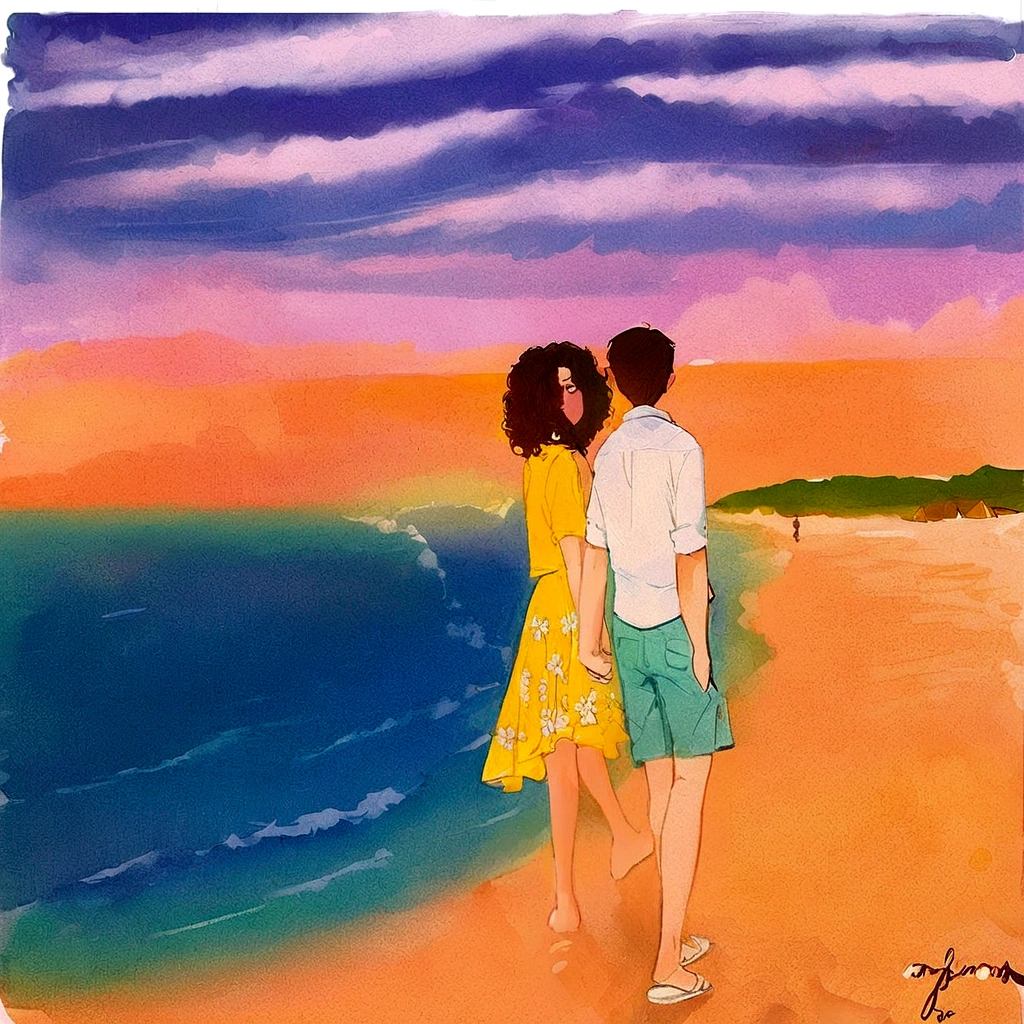painting of a couple standing em uma praia looking out at the ocean, Romantic Painting, por Jeka Kemp, por Elaine Hamilton, you were wrong, on the beach at sunset, detalhe adicionado, em uma praia, arte conceitual do amor, on the beach at sunset, At the sunset, endless summer art, por Juan O&#39;Gorman, Direction: Zelma Blakely