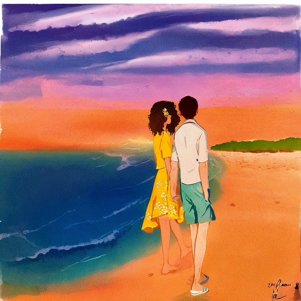 painting of a couple standing em uma praia looking out at the ocean, Romantic Painting, por Jeka Kemp, por Elaine Hamilton, you were wrong, on the beach at sunset, detalhe adicionado, em uma praia, arte conceitual do amor, on the beach at sunset, At the sunset, endless summer art, por Juan O'Gorman, Direction: Zelma Blakely