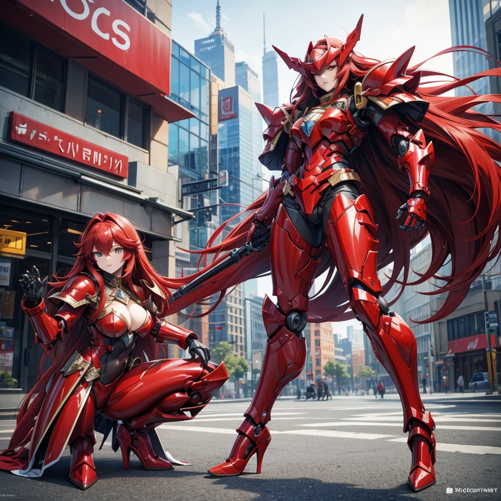 Large red long-haired female robot，helmet，Full body red armor，mechanical joint，Chest，fit，，high heels，front，City