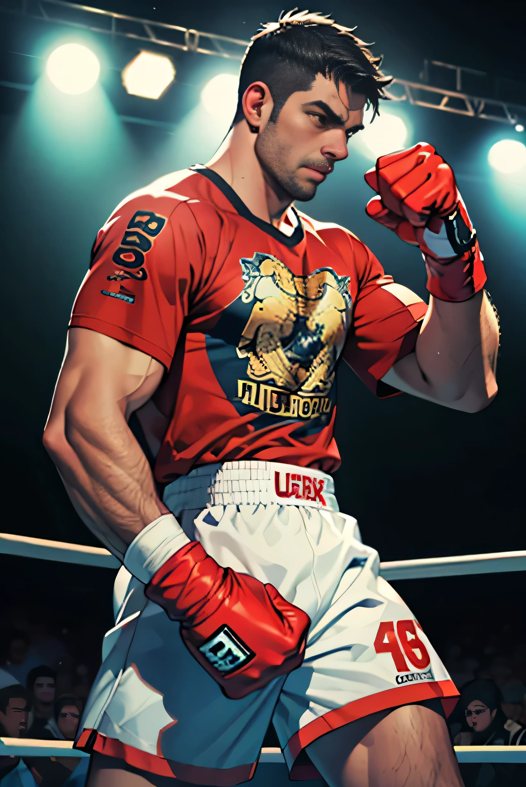 a muscular boxer in the ring, steely facial expression, wearing boxing gloves, detailed and accurate anatomy, masterpiece, high quality, 16k, UHD resolution