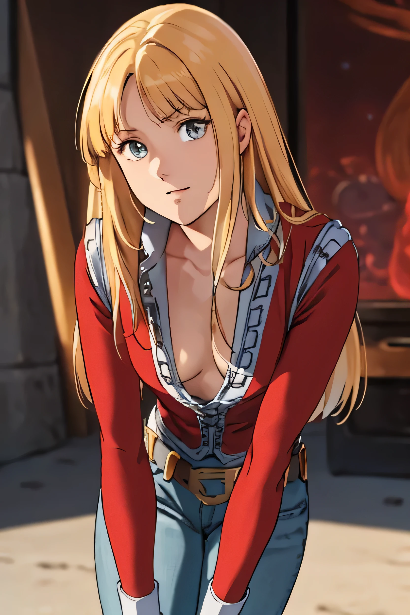 masterpiece, highest quality, space, One girl,alone,Cowboy Shot,SF,
 Alfin,Blonde Hair, Long Hair,Highly detailed face, Perfect lighting, Highly detailed CG, (Perfect hands, Perfect Anatomy),No underwear on, No bra, morning, sunlight, Best Shadow, Best lighting, Leaning forward, Medium chest, Red long down blouse, 