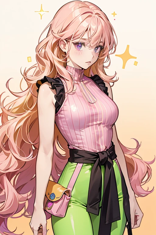 She has light pink skin and wavy green hair with yellow swirls. She wears a dark pink, sleeveless bodysuit that has an orange "V" shape at the top. She has a brown belt around her waist; at the side is a pouch containing various hairstyling accessories. She has round purple eyes and pink cheeks. SPARKLE; GLITTER