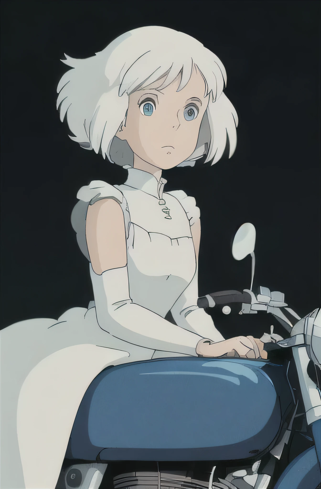 2D Studio Ghibli anime illustration of a girl on a motorcycle, white dresses, white hair, blue eyes, shining moon in the background, detailed hair and clothing, whimsical and dreamy, anime, Studio Ghibli, detailed eyes, intricate design, professional, moonlit scene, cool tones, atmospheric lighting