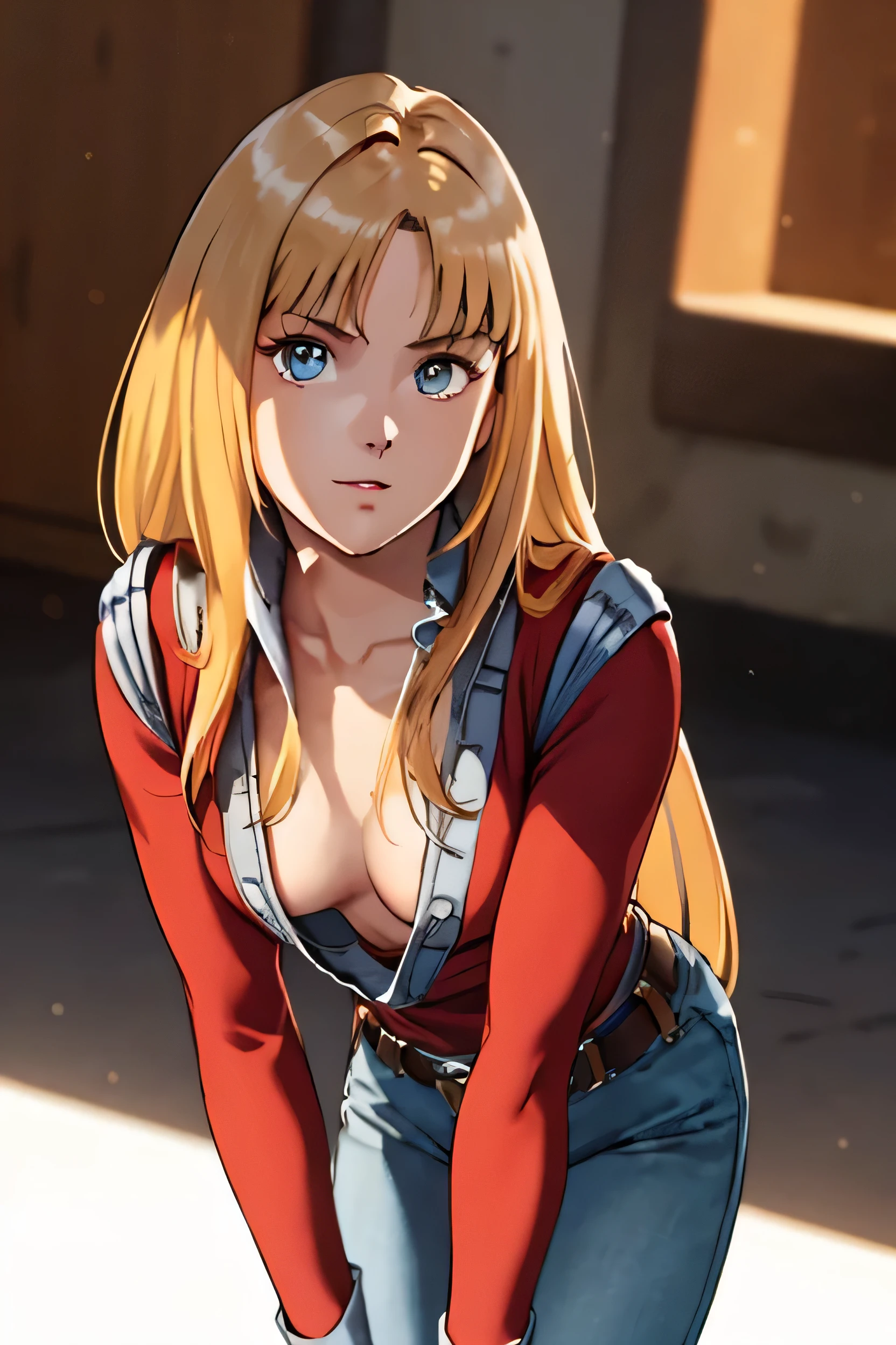 masterpiece, highest quality, space, One girl,alone,Cowboy Shot,SF,
 Alfin,Blonde Hair, Long Hair,Highly detailed face, Perfect lighting, Highly detailed CG, (Perfect hands, Perfect Anatomy),No underwear on, No bra, morning, sunlight, Best Shadow, Best lighting, Leaning forward, Medium chest, Red long down blouse, 