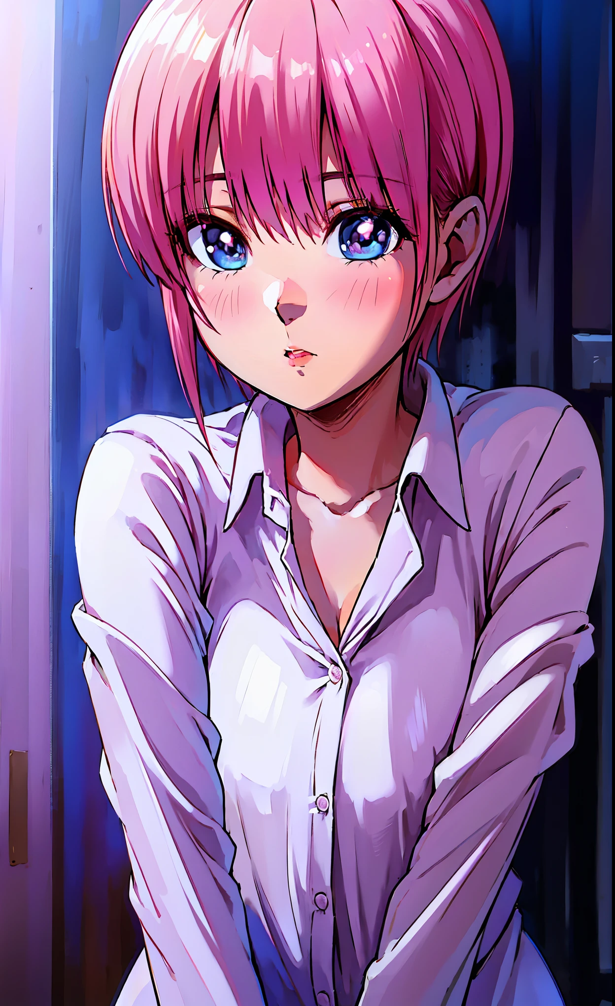 best quality, ultra high res, (photorealistic:1.4), blush, pure pretty teenage girl with short silky pink hair,  aaichika, Nakano ichika from The Quintessential Quintuplets, , cowboy shot, straight hair, dark blue eyes, sparkling eyes,  beautiful girl, short silky pink hair, watercolor illustration, beautiful, masterpiece, best quality, ichika nakano, short pink hair, blue eyes, collared white shirt