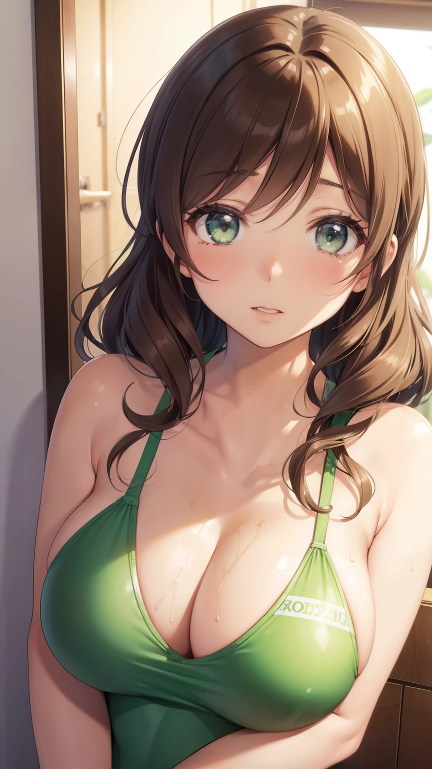 nozomitoujou, nozomi toujou, green eyes, brown hair, curly hair, large breasts, masterpiece, best quality, high resolution, beautiful detailed eyes, extremely detailed face, good lighting, detailed CG, messy hair, glossy lips, worried, nervous, changing room, one-piece swimsuit