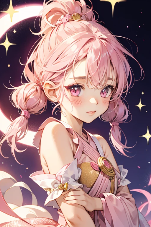 Puchikotchi has a round pink body with two darker pink swirls on the side of her head. She has a light pink blush and an even lighter pink mouth. SPARKLE; GLITTER
