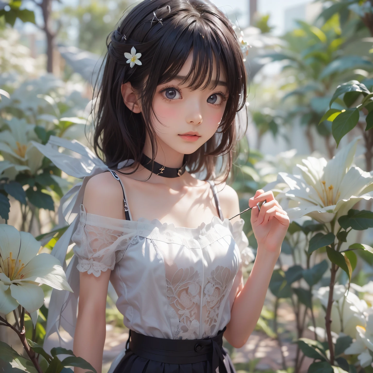 Loli anime girl, Realistic Shadows, Detailed skin, Very small breasts, Black Hair, Very detailed, 8kのVery detailedな顔, perfect face shape, Perfect Lips, Perfect Nose, Correcting Beautiful Eyes, watching viewer, White shirt, Hair Flower, masterpiece, highest quality, Single woman, No bra, No panties, alone