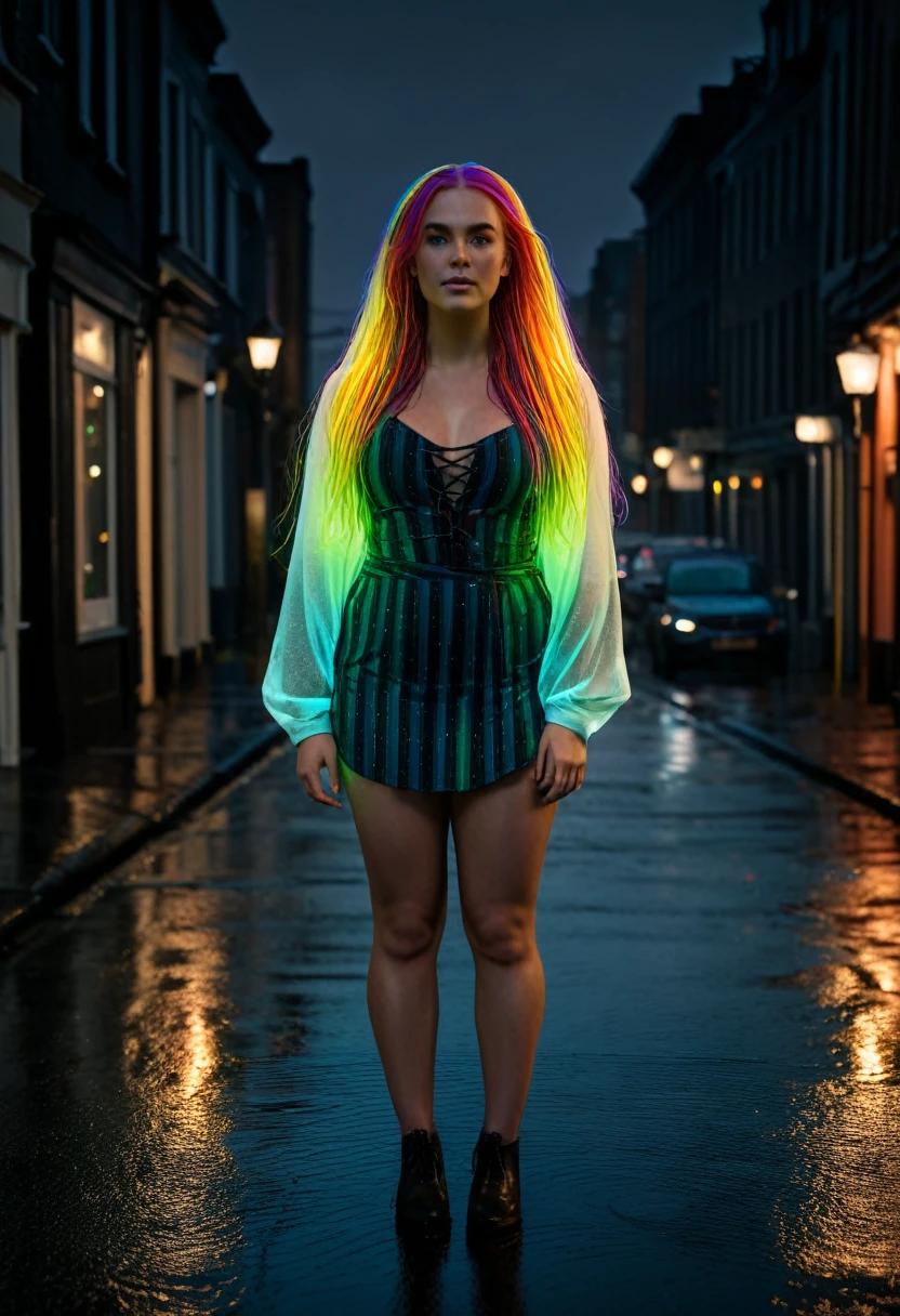 beautiful curvy irish female, 160lbs, dark rainy city street at night, spellcasting pose, casting a spell, (glowing_hair:2.0), rainbow bright hrglw, (full body shot 1.0), cinematic photo, realistic, (real lighting:1.2), (realistic lighting:1.5), (real ilumination:1.2), (realistic ilumination:1.5), (shadows:1.2),(real shadows), 35mm photograph, film, bokeh, 4k, highly detailed