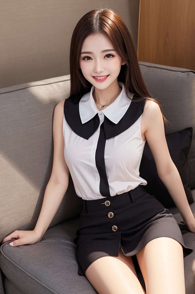 high quality)、(high resolution)、Professional Lighting、Thin and beautiful legs、Narrow waist、(Big Breasts)、Erect nipples、Smiling and ecstatic expression、whole body、A classy sleeveless blouse with buttons and a collar、skirt、sofa