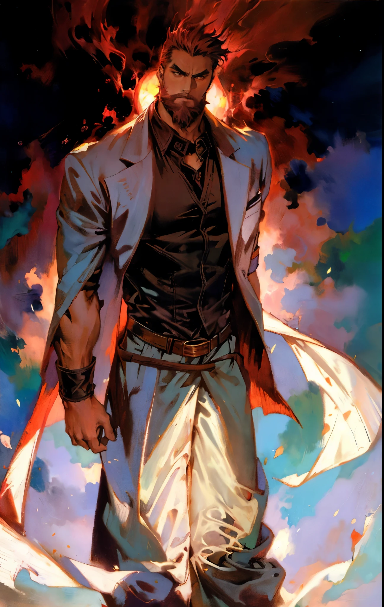 A 50-year-old man with slicked-back reddish-brown short hair, a large beard covering the lower half of his face, piercing eyes, handsome features, an open dark red fantasy martial arts-style robe coat, flowing short sleeves, a black and white undershirt, matching cloth trousers, a metal belt buckle, he exudes a dark red aura of death, strides down a desolate and silent moonlit street, this character embodies a finely crafted fantasy martial arts-style overlord in anime style, exquisite and mature manga art style, dramatic, high definition, best quality, highres, ultra-detailed, ultra-fine painting, extremely delicate, professional, perfect body proportions, golden ratio, anatomically correct, symmetrical face, extremely detailed eyes and face, high quality eyes, creativity, RAW photo, UHD, 32k, Natural light, cinematic lighting, masterpiece-anatomy-perfect, masterpiece:1.5