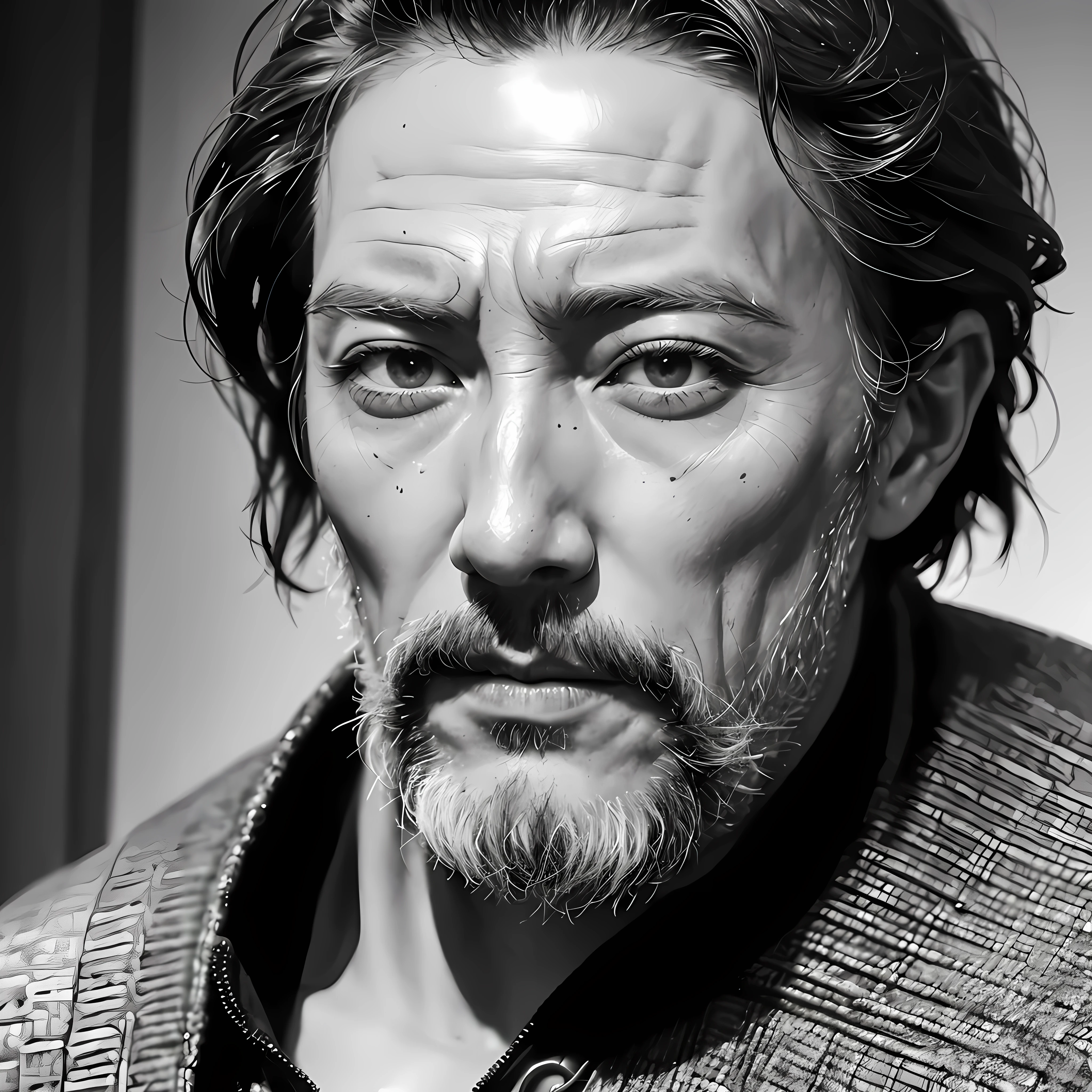 An image of Don Quixote de La Mancha's face,  35mm black and white film, hyperrealistic, intricately detailed, Gustave Doré, 64k 