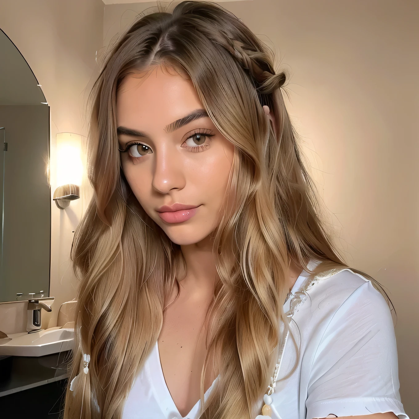 italiana hermosa from 17 years old, brown blonde ,rostro angelical y tierna , long hair hairstyle Semi updo with braid and thick waves blonde with light roots , in the bathroom with clothes ,(( foto realista de noche), ((pechos normales )),((rostro angelical)),((foto entera de cuerpo con ropa ),((blonde hair with roots )), ((ropa de noche), cabello rubio ,Ojos castanhos claros , cuerpo completo ,Realista, un sexy ,muy elegante, of celestial roots, rubia pelo, con ropa ,de noche,LUT de Instagram, from 17 years old.