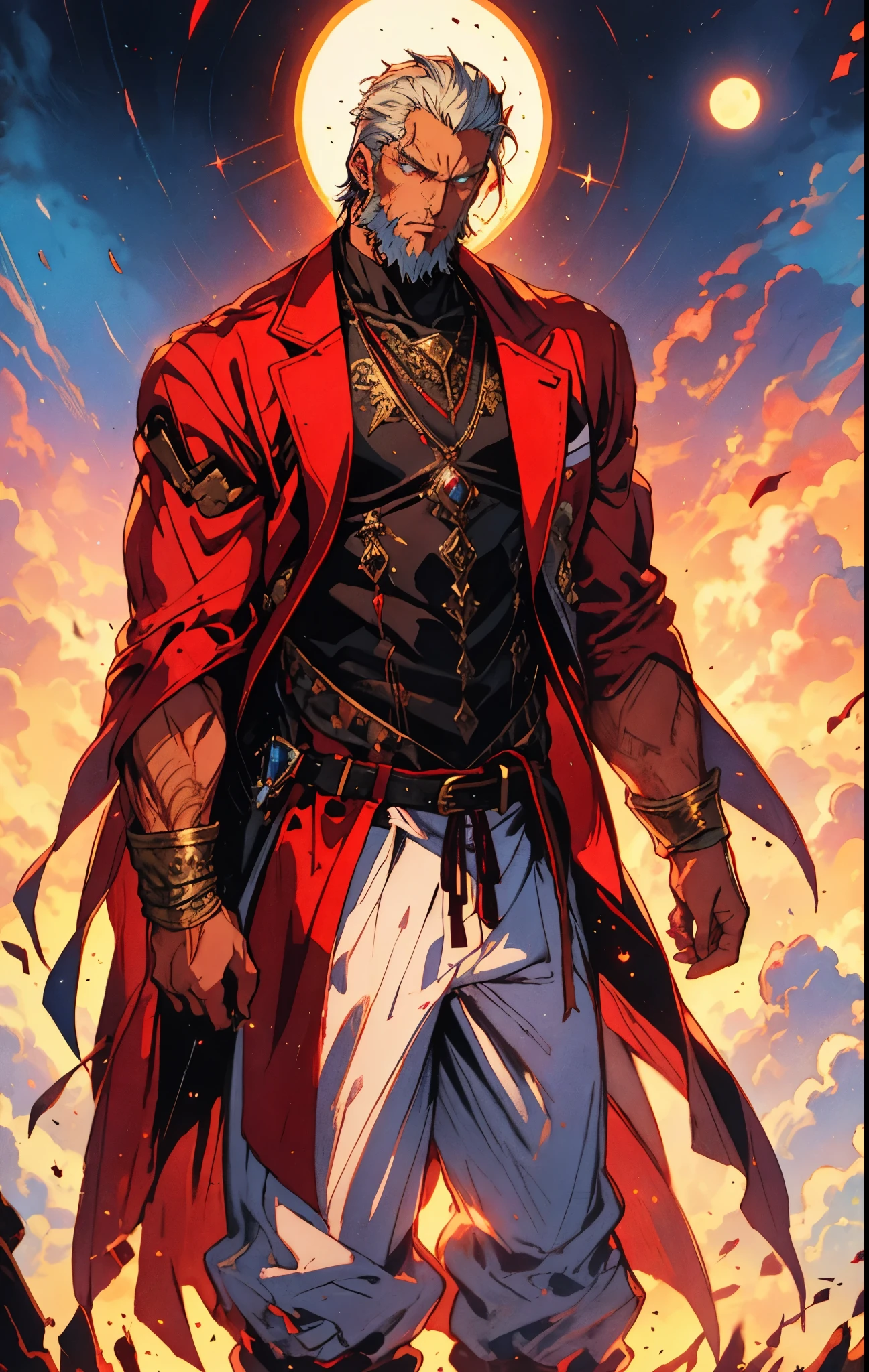 A 50-year-old man with slicked-back reddish-brown short hair, a large beard covering the lower half of his face, piercing eyes, handsome features, an open dark red fantasy martial arts-style robe coat, flowing short sleeves, a black and white undershirt, matching cloth trousers, a metal belt buckle, he exudes a dark red aura of death, strides down a desolate and silent moonlit street, this character embodies a finely crafted fantasy martial arts-style overlord in anime style, exquisite and mature manga art style, dramatic, high definition, best quality, highres, ultra-detailed, ultra-fine painting, extremely delicate, professional, perfect body proportions, golden ratio, anatomically correct, symmetrical face, extremely detailed eyes and face, high quality eyes, creativity, RAW photo, UHD, 32k, Natural light, cinematic lighting, masterpiece-anatomy-perfect, masterpiece:1.5