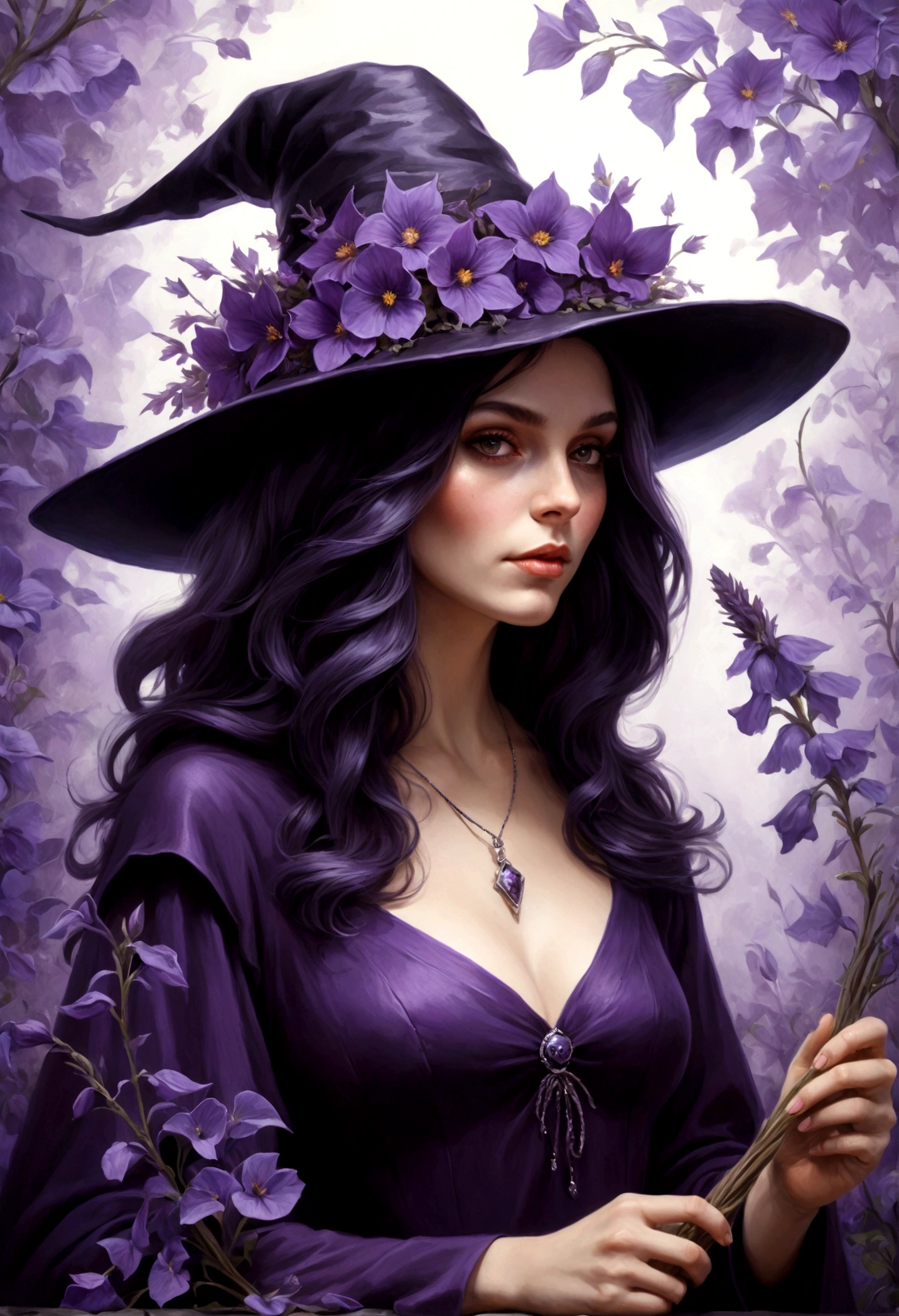 A painting of a witch in a hat with purple flowers, roupa branca.Detailed 4K illustration,Realista