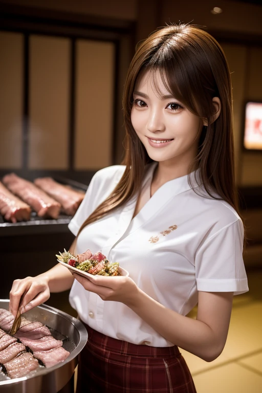 (Highest quality, masterpiece:1.3, Ultra-high resolution), (Very detailed), (Realistic:1.4, RAW shooting), ((blazer:1.2)), ((the body is slim)), girl, Japanese, cute, Straight Long Hair, Big Breasts, Turn your body forward, (View from the front:1.1), Looking into the camera, focused on the chest, Light brown hair, ((Black Choker)), Very long and bushy eyelashes, blue eyes, bangs、 ((Wicked Smile))、Wooden table, Walls made of wood, ((Full body portrait)),Bright red lipstick、Slim face、The body is slim、Very large breasts、((Raw meat on a tray))