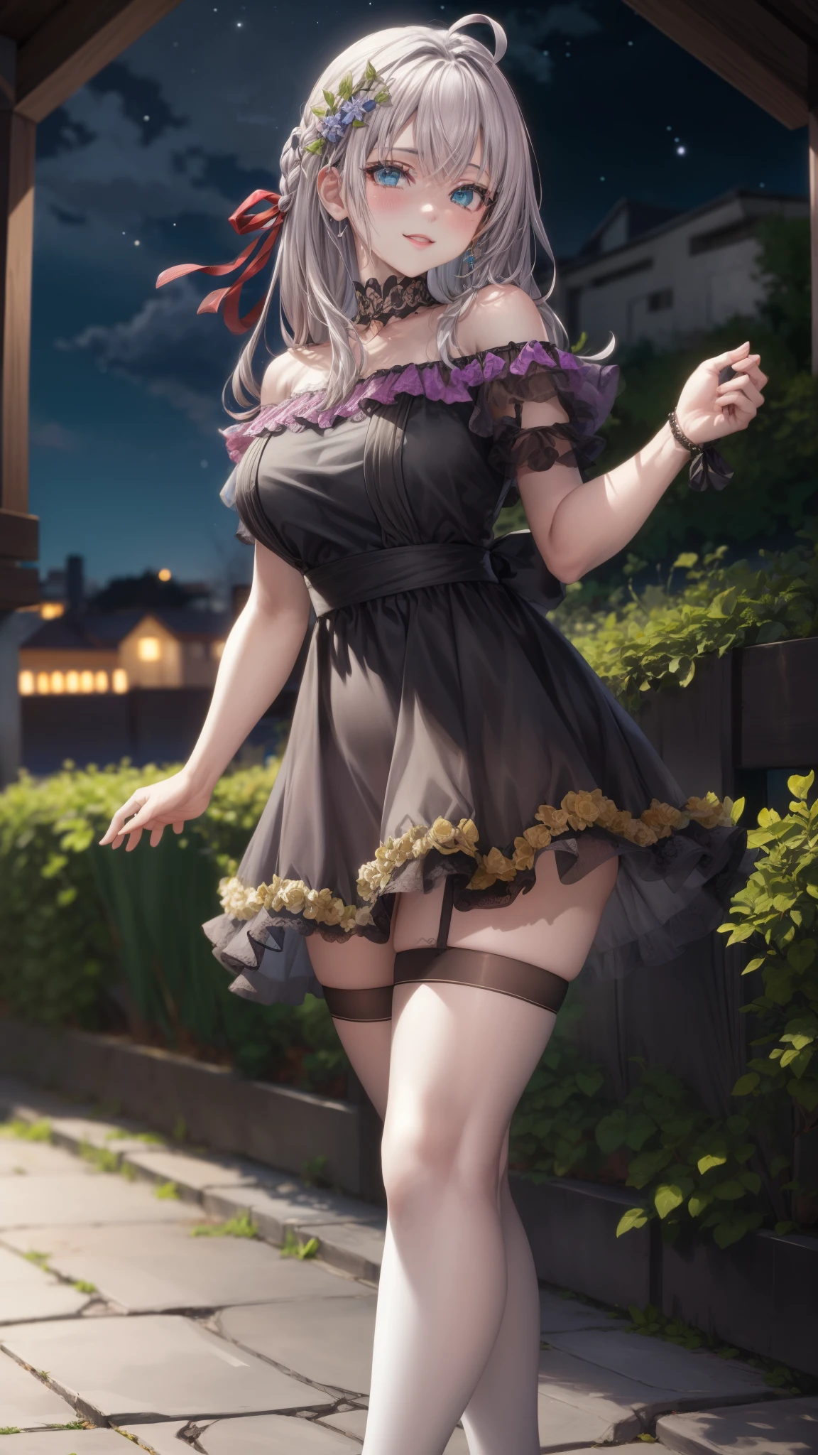 Alisa Kujou,
(night:1.7), 1 girl standing at attention, 22 years,hembra joven,hermoso Finger, hermoso long legs ,hermoso body ,hermoso Nose ,hermoso character design, ojos perfectos, perfect rostro,
There is an anime girl., 1 chica, muslos, solo, (falda muy corta:1.4), blue eyes, senos, vestido negro ,elegante , medias largas (vestido corto) , escote, arco, mano en la cadera, rubor, black muslos, arcotie, adentro, calzado marron, zettai ryouiki, mocasines, zapatos, large senos, mirando al espectador ,toma media distacia, toma de cercana boca abierta, thighs,
mirando al espectador, sonrisa, saludando al espectador, en el centro de la imagen, Fondo de pantalla CG unity 8k extremadamente detallado, Perfect lighting,vistoso, Brillante_frente_rostro_Lightinasterpiece:1.0),(mejor_calidad:1.0), ultra high resolution,4k,ultra detallado,
Photography, 8k, hdr, high resolution, absurdos:1.2, codas portra 400, film grain, fondo borroso, bokeh:1.2, Destello de lente, (vibrante_color:1.2)
, (hermoso_rostro:1.5),(angosto_cintura), (hermoso,Enorme_senos:1.3)