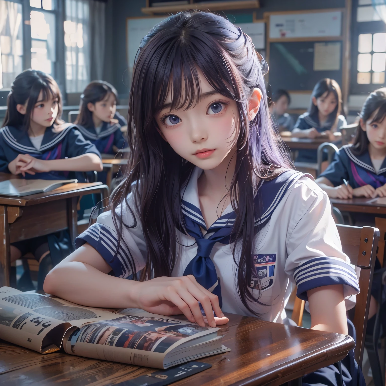 A young woman, 18 years old, with long purple hair, wearing a sailor uniform, sitting in a classroom (School 1.5 in the background) (Serious expression, Cold 1.5) (highest quality: 1.1) (masterpiece: 1.3) with an unparalleled masterpiece, Surreal 8K, Perfect artwork, Super detailed, highest quality, masterpiece 4K wallpaper aesthetics, masterpiece, Award-winning works, Official Art, Cinema Lighting