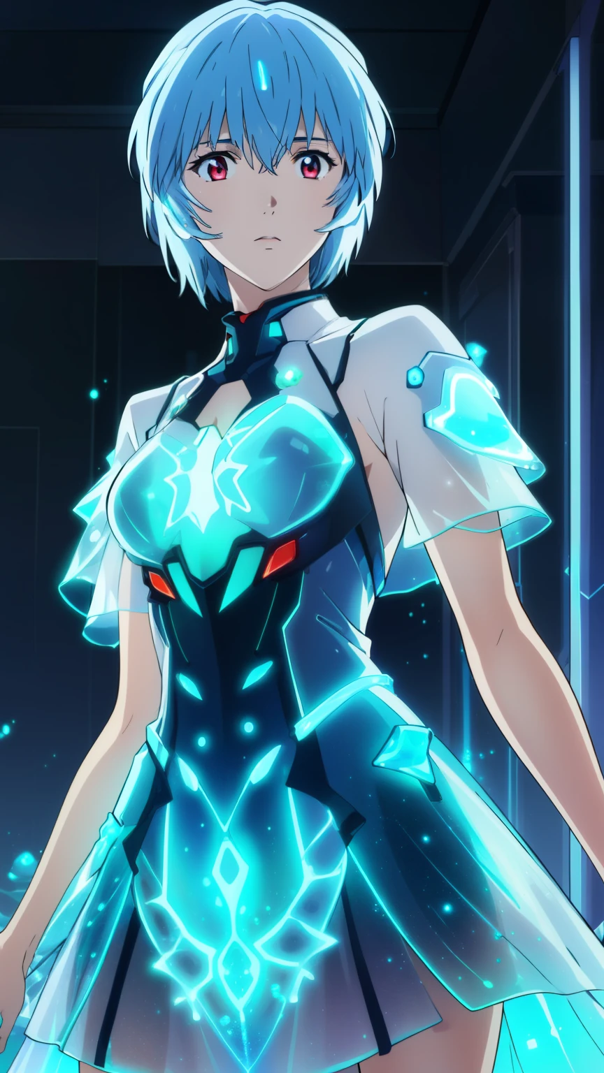 reiayanami, rei ayanami,anime, blue hair, short hair, (red eyes:1.2),
BREAK (bioluminescent dress: 1.5), 
BREAK (masterpiece:1.2), best quality, high resolution, unity 8k wallpaper, (illustration:0.8), (beautiful detailed eyes:1.6), extremely detailed face, perfect lighting, extremely detailed CG, (perfect hands, perfect anatomy),cowboy Shot,