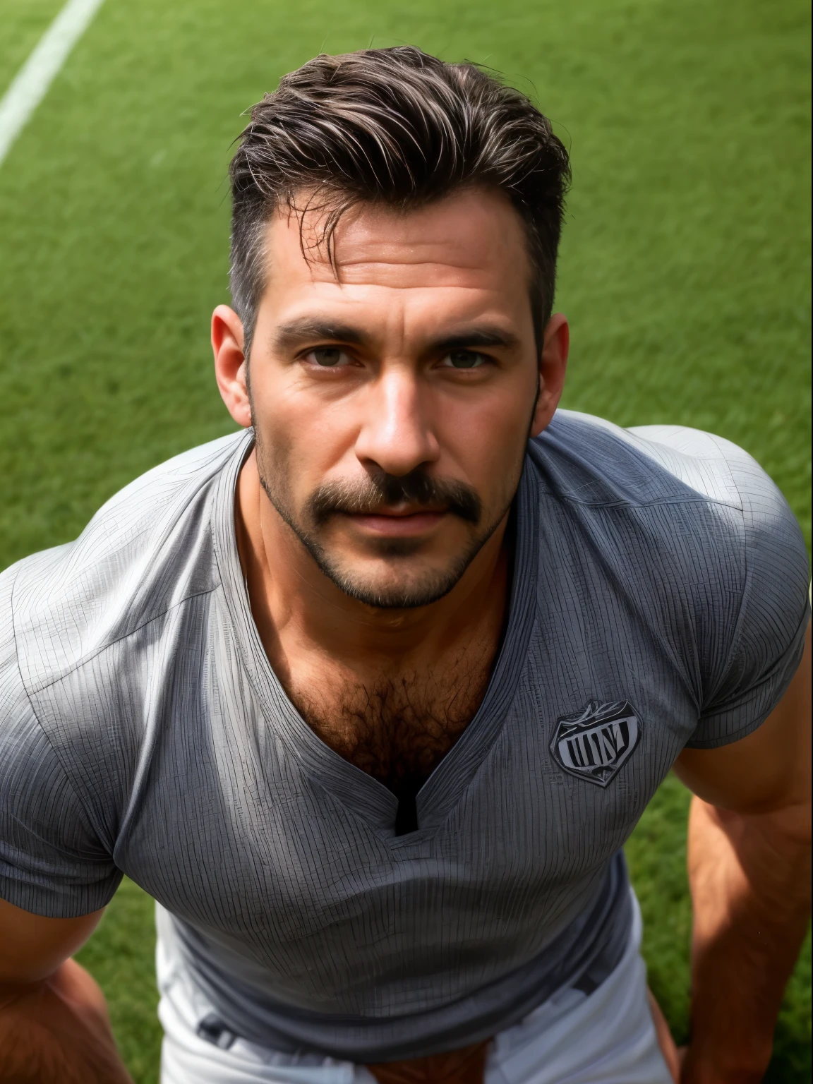 masterpiece, best quality, high resolution, closeup portrait, male focus, solo focus, A man, 50 years old, grey hair, soccer player, football player, grey silver hair, messy hairstyle, cute and seductive face, bare chest, body hair, facial hair, roman nose, very skinny body, hairy legs, cute, dimples, goatee and mustache, bold jawline , (((full body))) sweaty, in the background an outdoor soccer football field,  view from below, amazing composition, front view, HDR, ultra quality, elegant, highly detailed, fully naked, beautiful penis, realisric male genitalia, male penis, penis, cock, dick, veiny dick. Blue Jeans